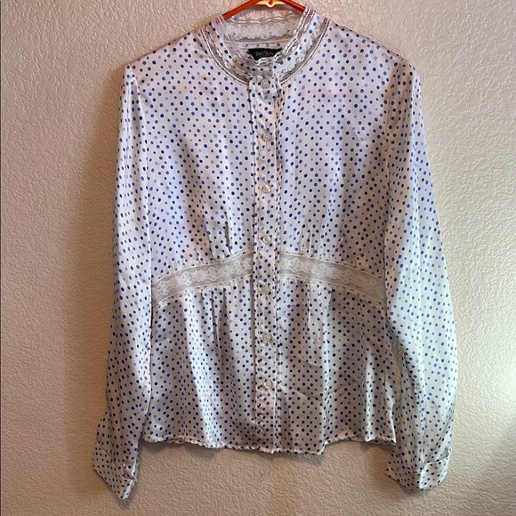 Bob Mackie Tops - Bob Mackie White and Blue Polka Dot Blouse